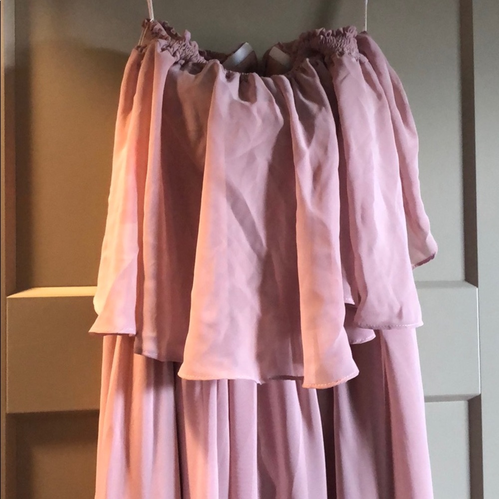 Blush colored strapless maxi dress